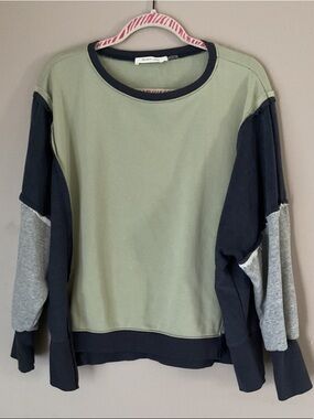 Mustard Seed Sage Green Knit Pullover with Navy Trim